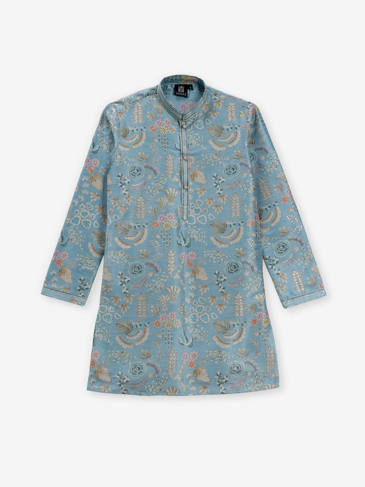 Stone blue floral printed boys kurta suit