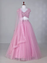 Light pink net lehenga choli with mirror and stone work