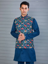 Rama blue bandhej printed viscose silk waistcoat set
