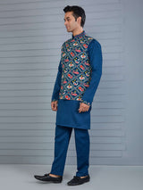 Rama blue bandhej printed viscose silk waistcoat set