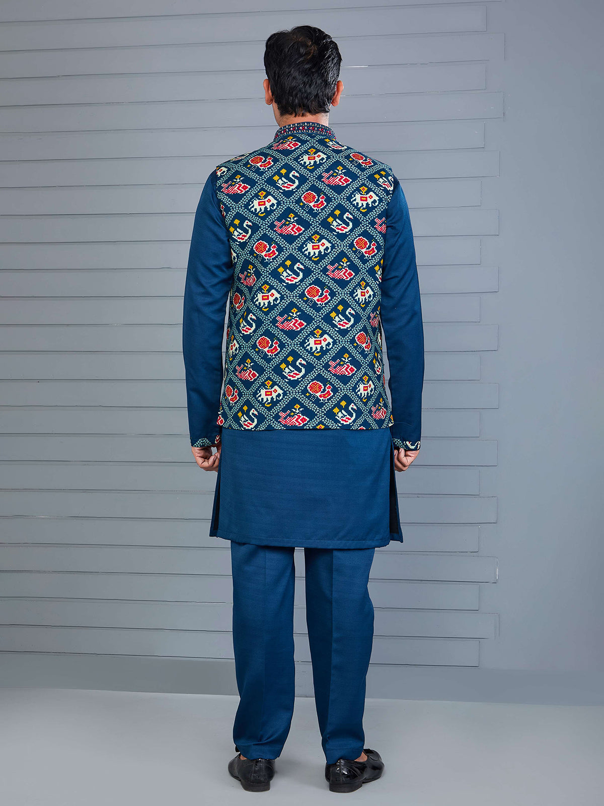 Rama blue bandhej printed viscose silk waistcoat set