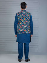 Rama blue bandhej printed viscose silk waistcoat set