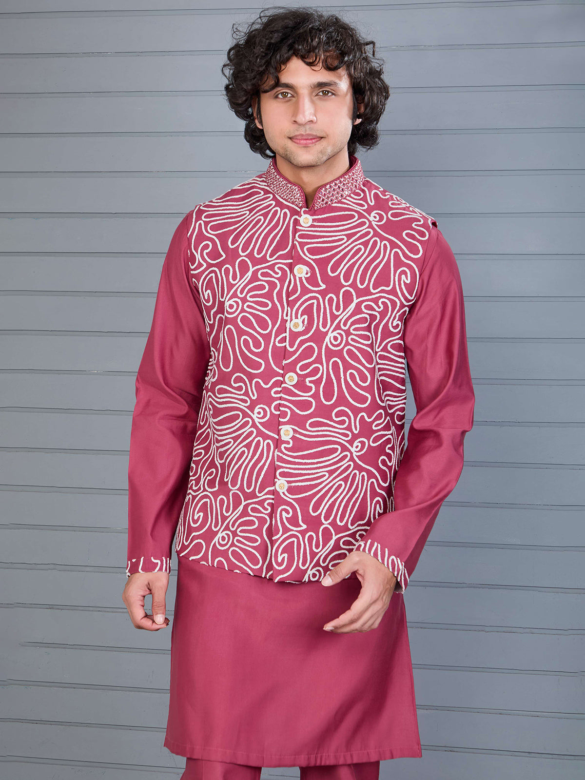 Onion pink silk aabla work waistcoat set