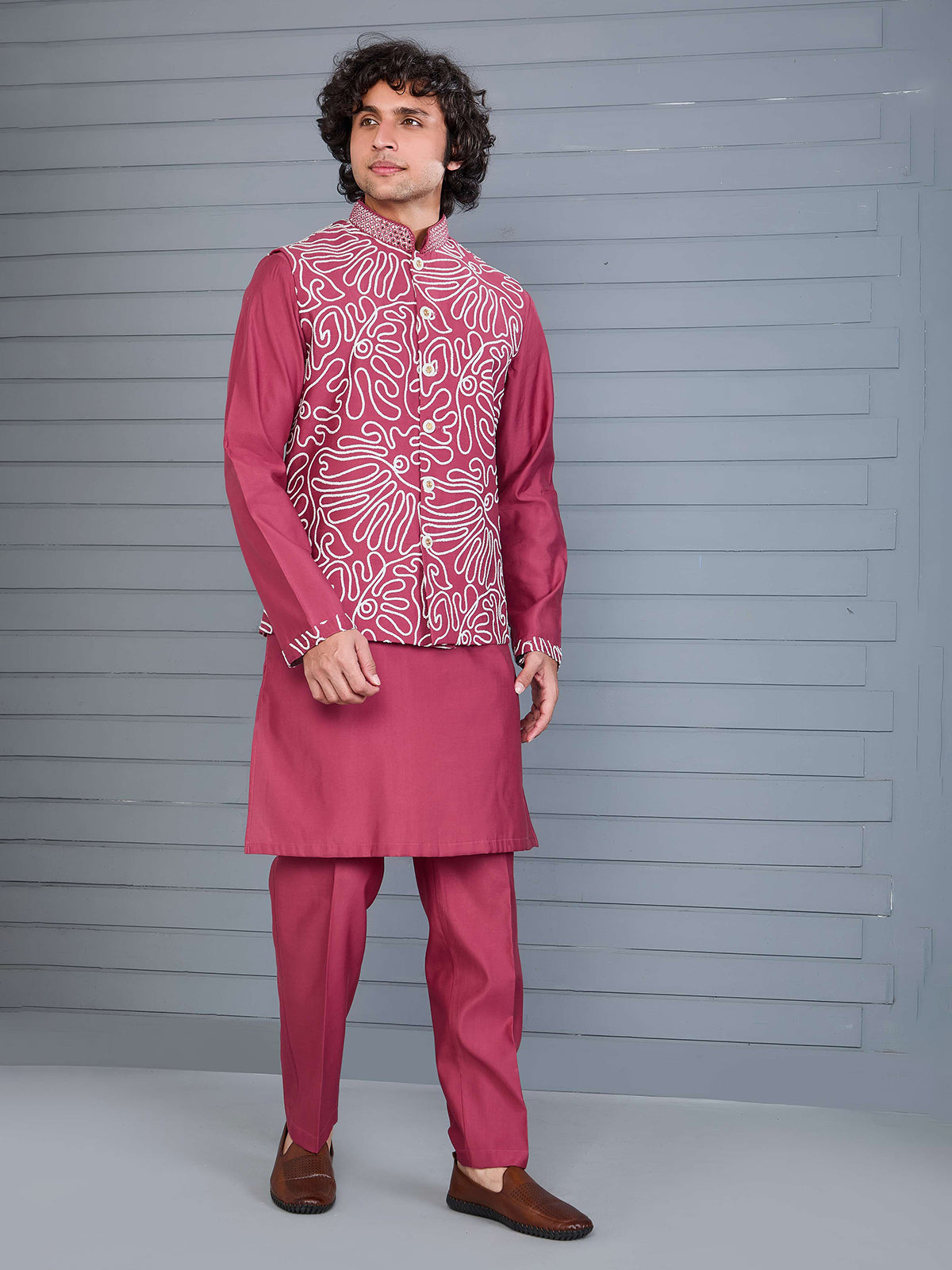 Onion pink silk aabla work waistcoat set
