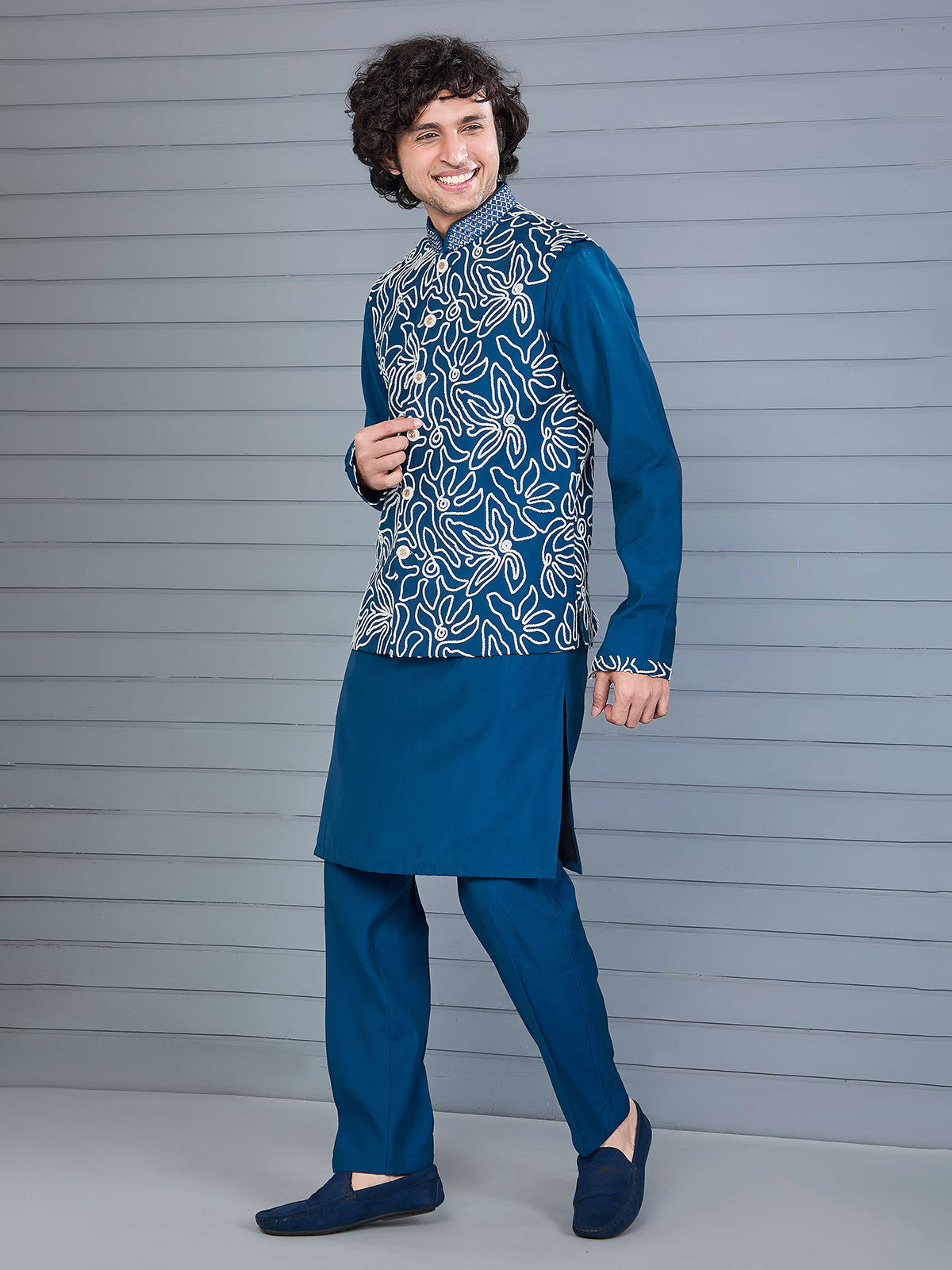 Rama blue silk waistcoat set for festival wear