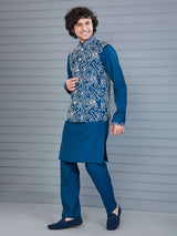 Rama blue silk waistcoat set for festival wear