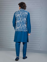 Rama blue silk waistcoat set for festival wear