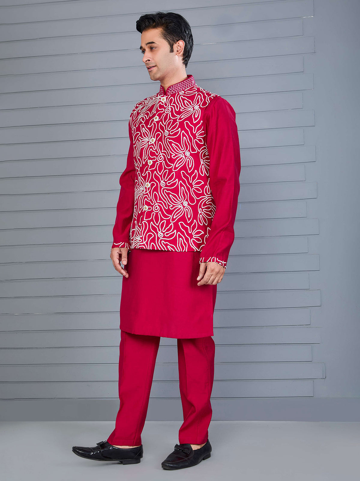 Magenta silk aabla and thread work waistcoat set