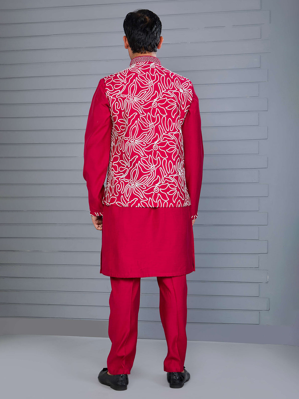 Magenta silk aabla and thread work waistcoat set