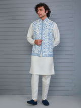 Off white silk embroidered work waistcoat set