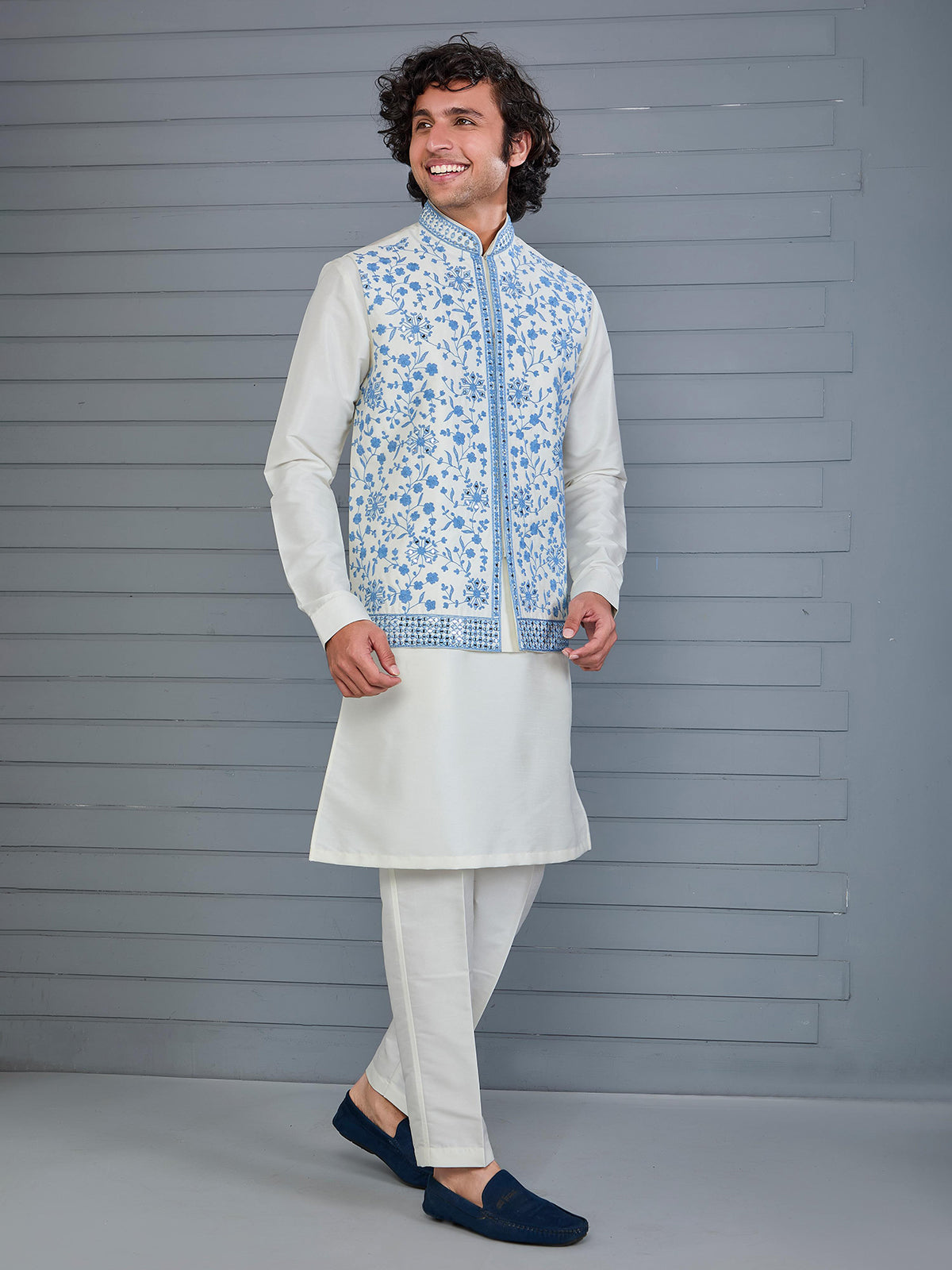 Off white silk embroidered work waistcoat set