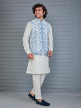 Off white silk embroidered work waistcoat set