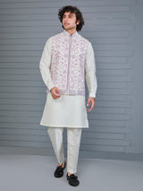Pink off and white silk embroidered waistcoat set