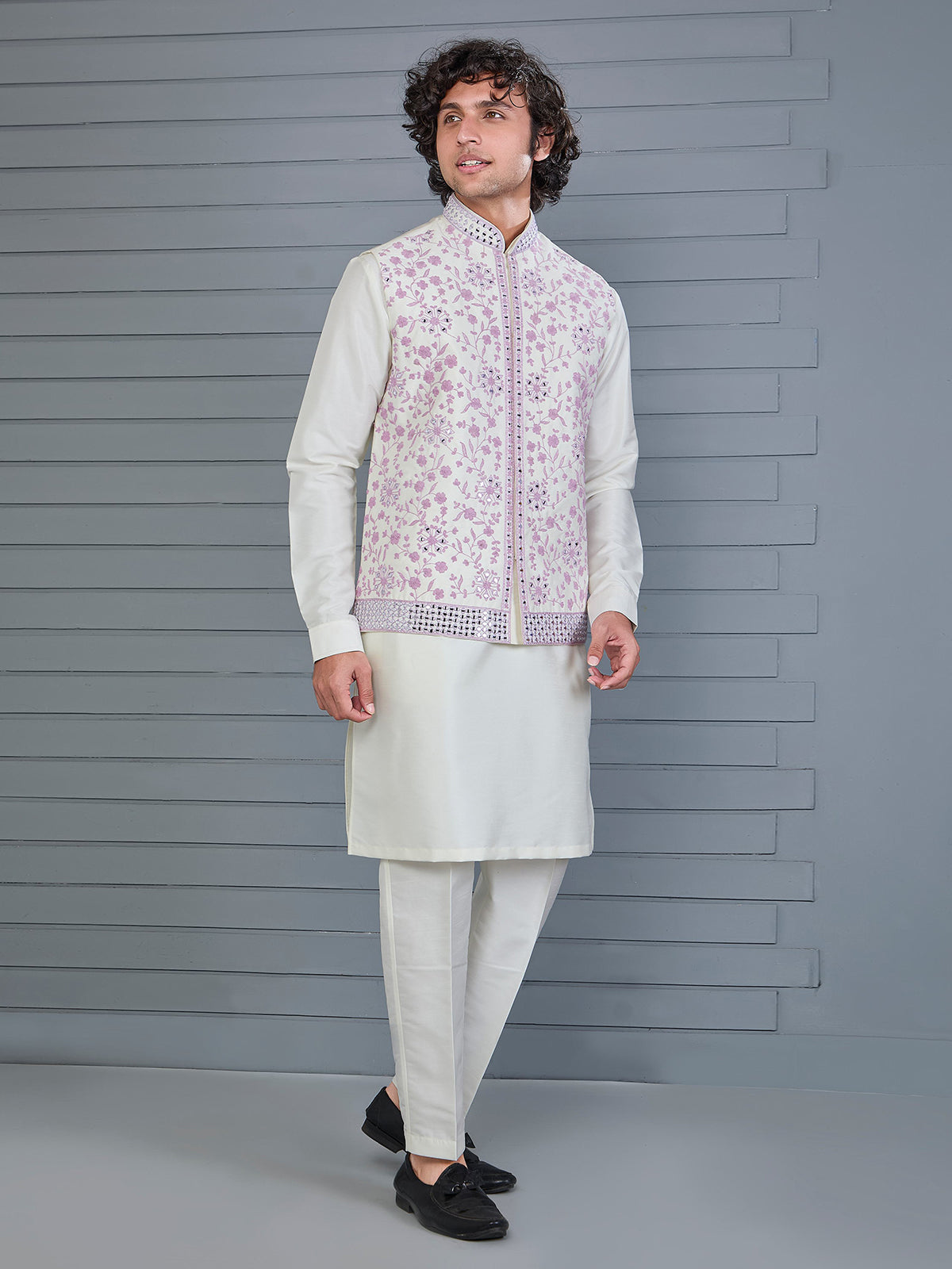 Pink off and white silk embroidered waistcoat set
