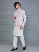 Pink off and white silk embroidered waistcoat set