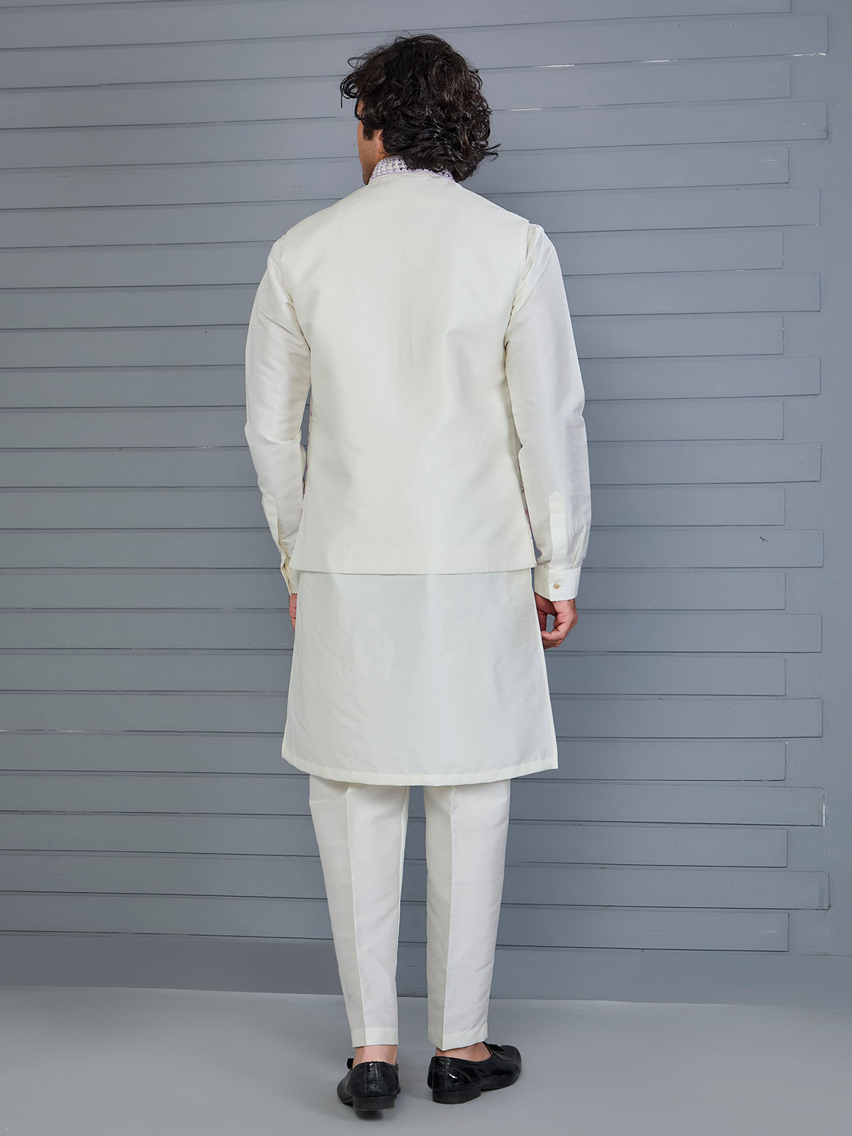 Pink off and white silk embroidered waistcoat set