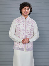 Pink off and white silk embroidered waistcoat set