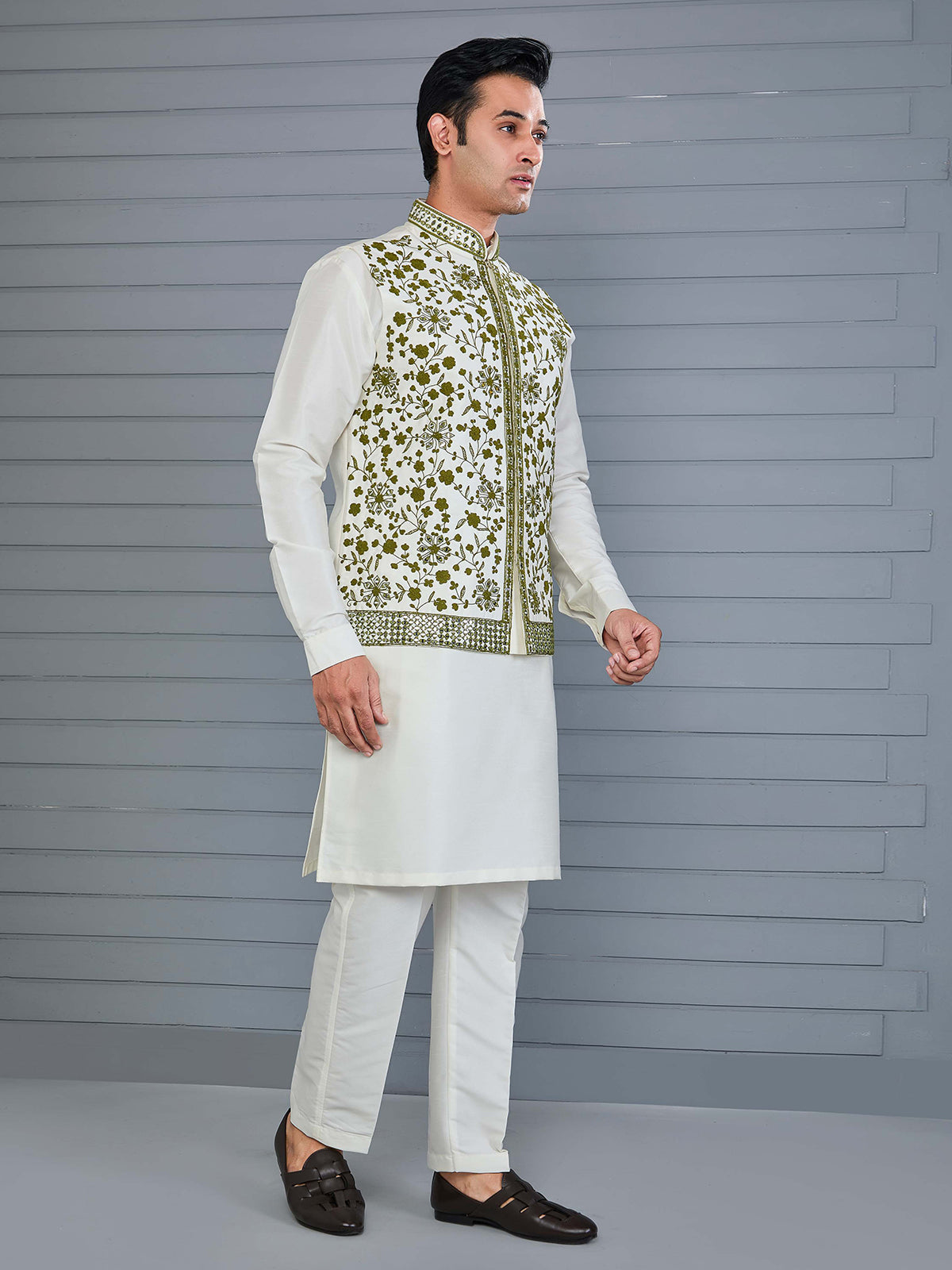 Mehendi green and off white silk waistcoat set