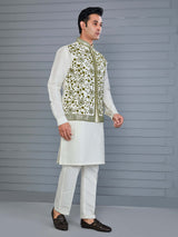 Mehendi green and off white silk waistcoat set