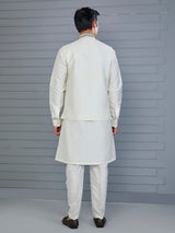 Mehendi green and off white silk waistcoat set