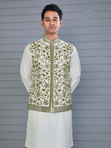 Mehendi green and off white silk waistcoat set
