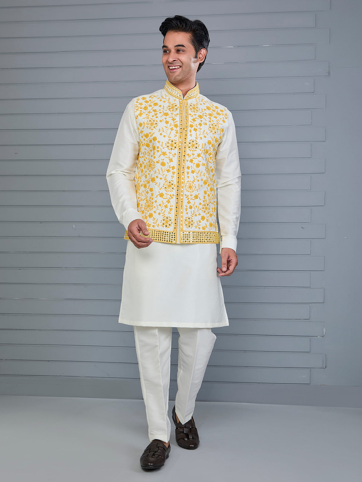Yellow and off white silk festive waistcoat set