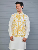 Yellow and off white silk festive waistcoat set