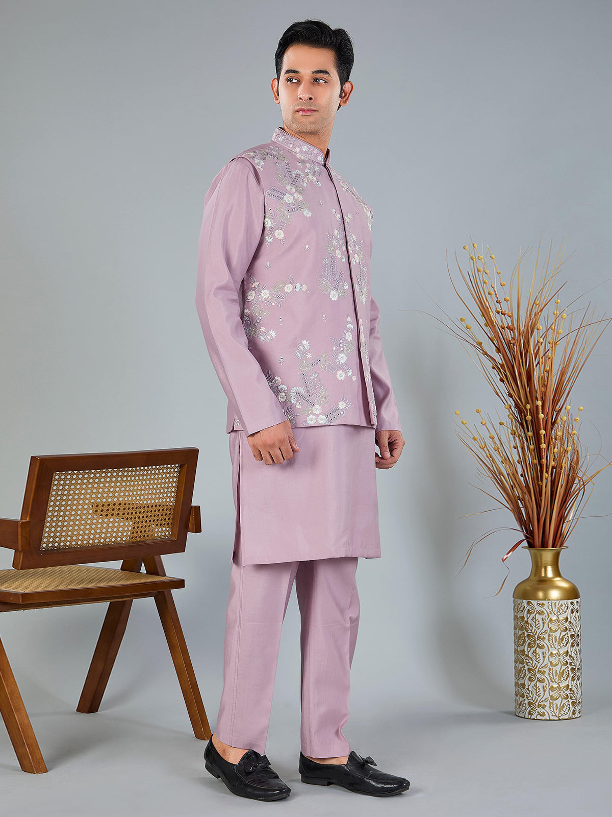 Onion pink silk embroidered work waistcoat set
