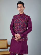 Purple silk embroidered work festive waistcoat set