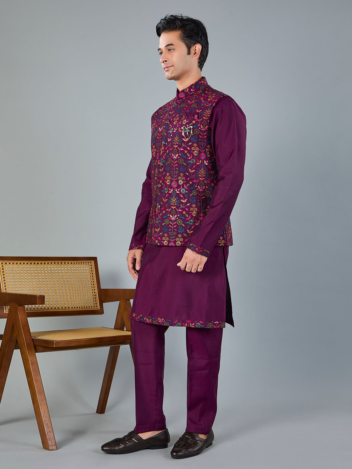Purple silk embroidered work festive waistcoat set