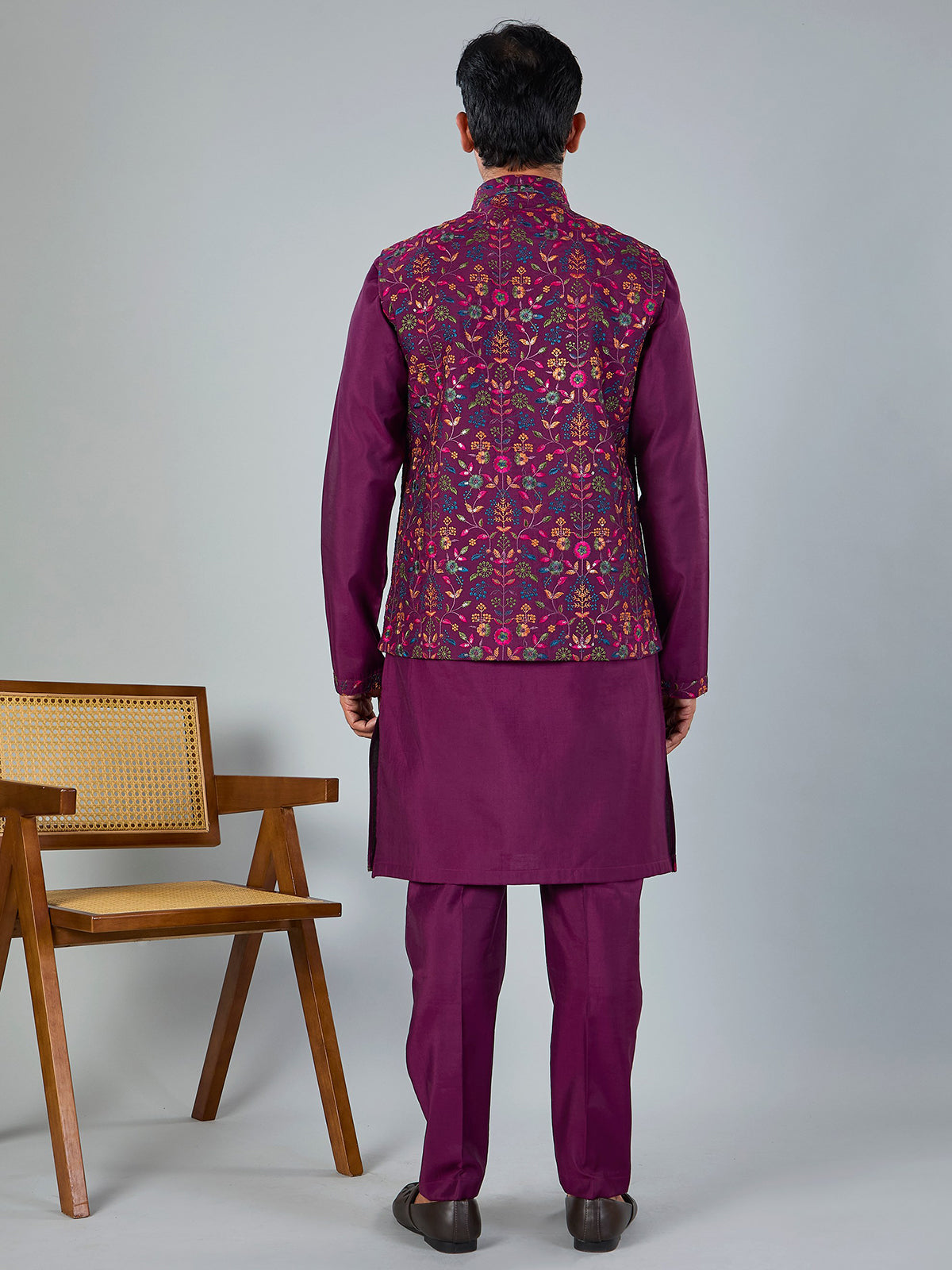 Purple silk embroidered work festive waistcoat set