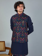 Navy blue silk embroidered work waistcoat set