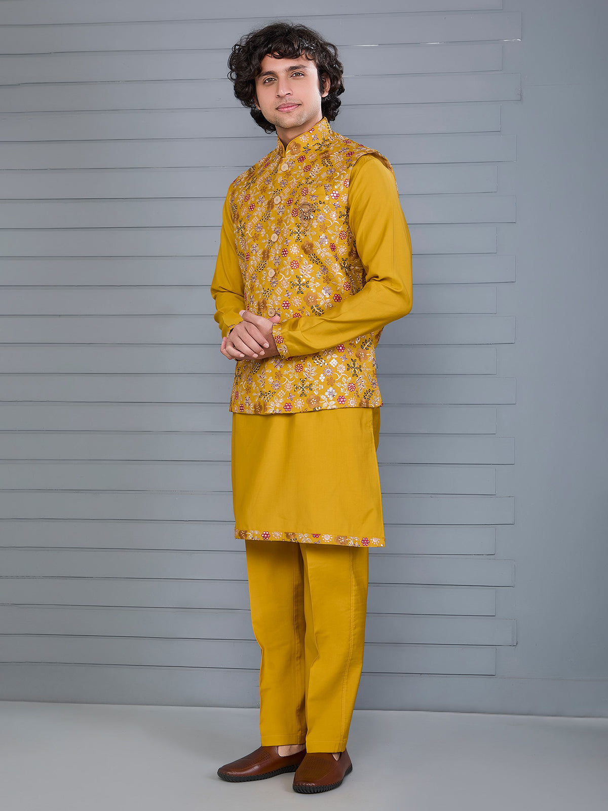 Mustard yellow silk festive waistcoat set