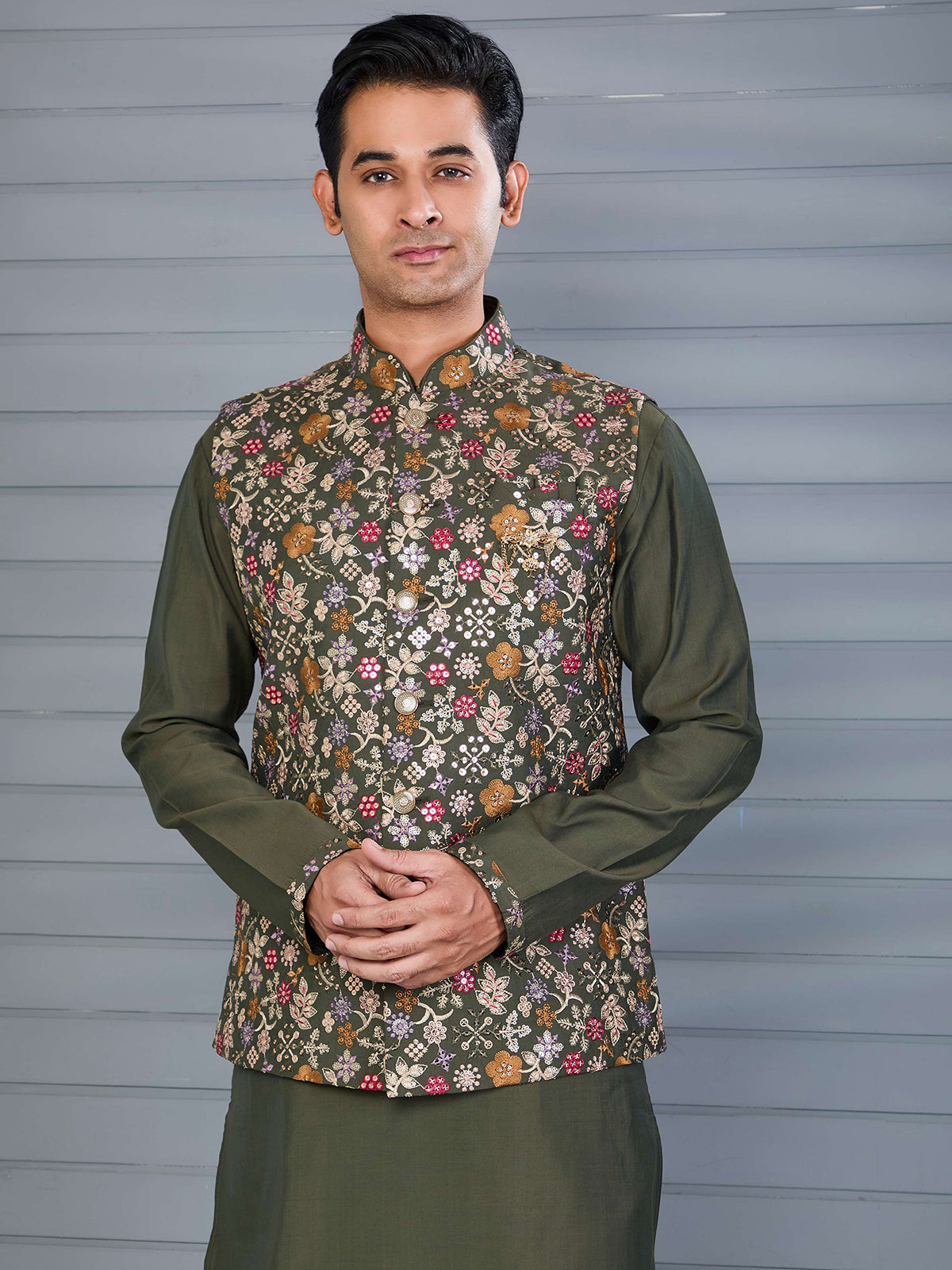 Mehendi green silk embroidered work waistcoat set