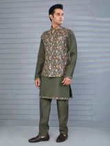 Mehendi green silk embroidered work waistcoat set