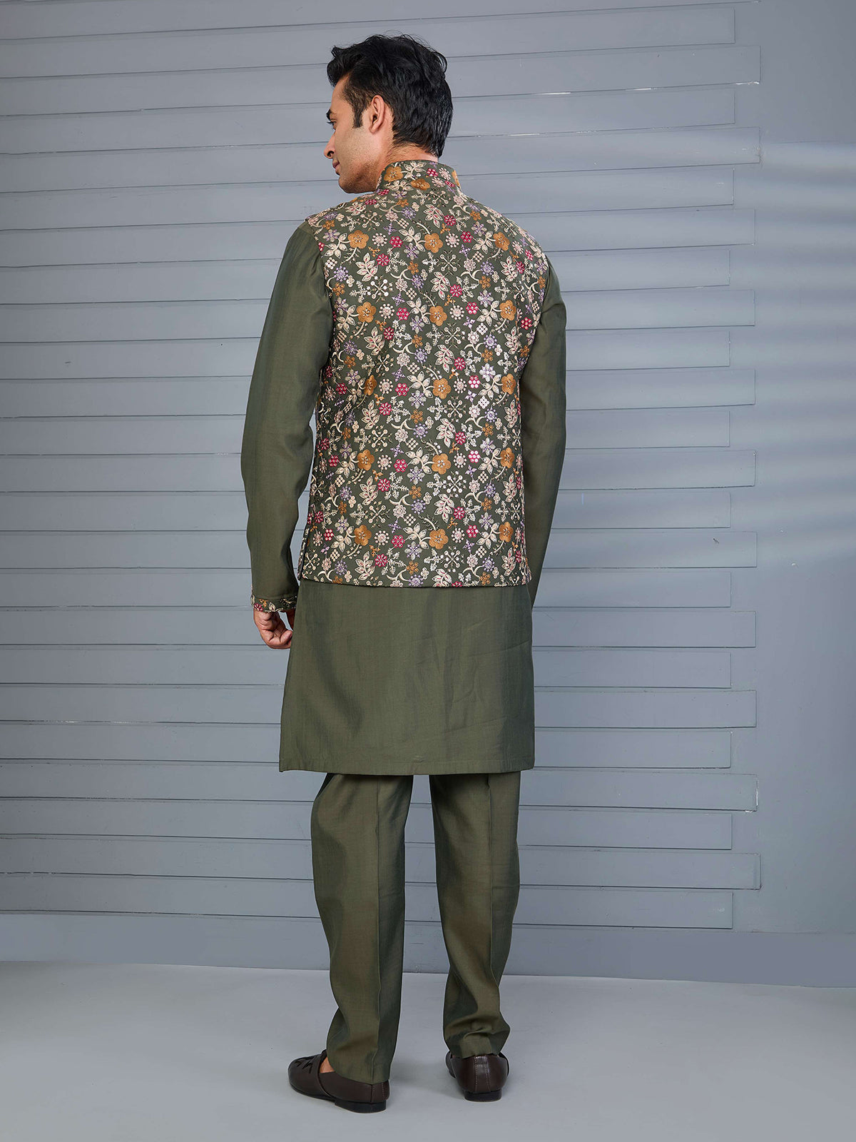 Mehendi green silk embroidered work waistcoat set