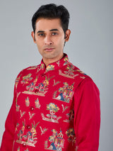 Magenta silk embroidered festive waistcoat set