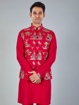 Magenta silk embroidered festive waistcoat set