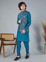 Blue silk embroidered work festive waistcoat set