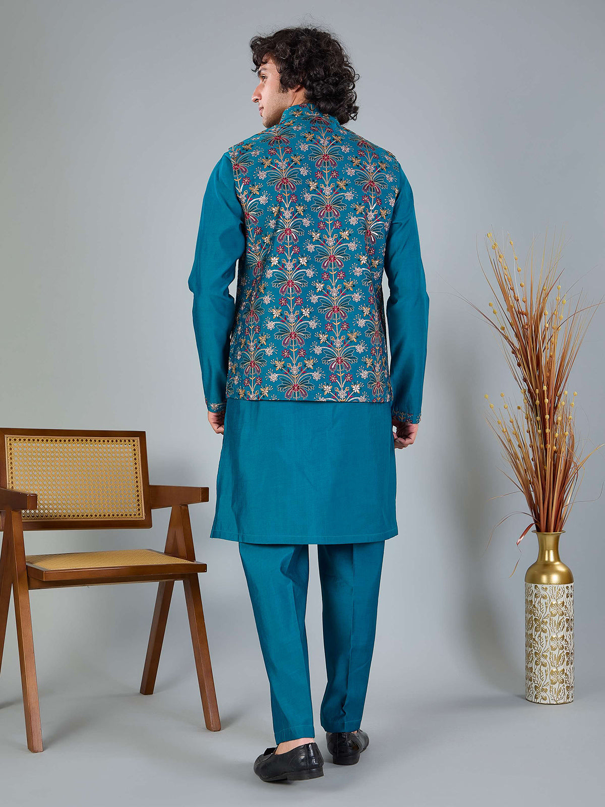 Blue silk embroidered work festive waistcoat set
