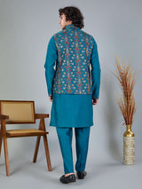 Blue silk embroidered work festive waistcoat set