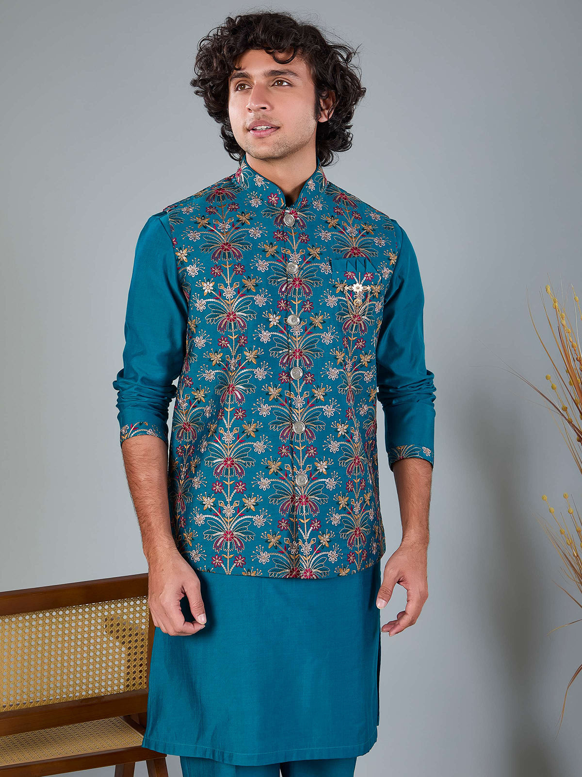 Blue silk embroidered work festive waistcoat set