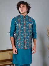 Blue silk embroidered work festive waistcoat set