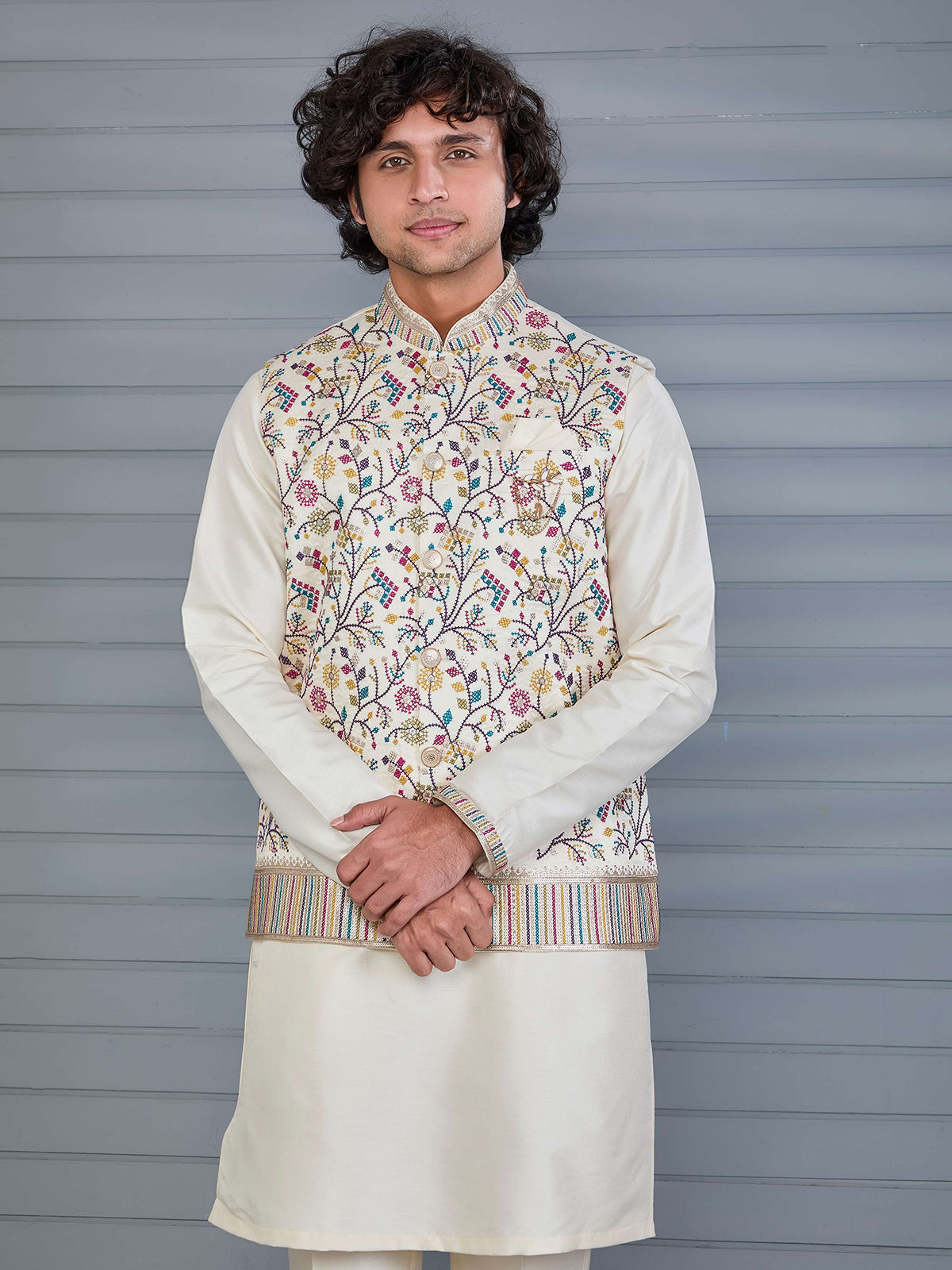 Cream silk embroidered work waistcoat set