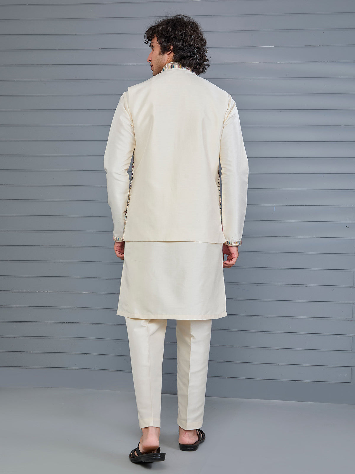 Cream silk embroidered work waistcoat set