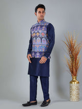 Navy blue printed silk and viscose waistcoat set