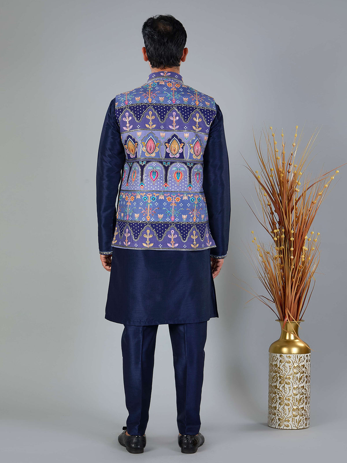 Navy blue printed silk and viscose waistcoat set