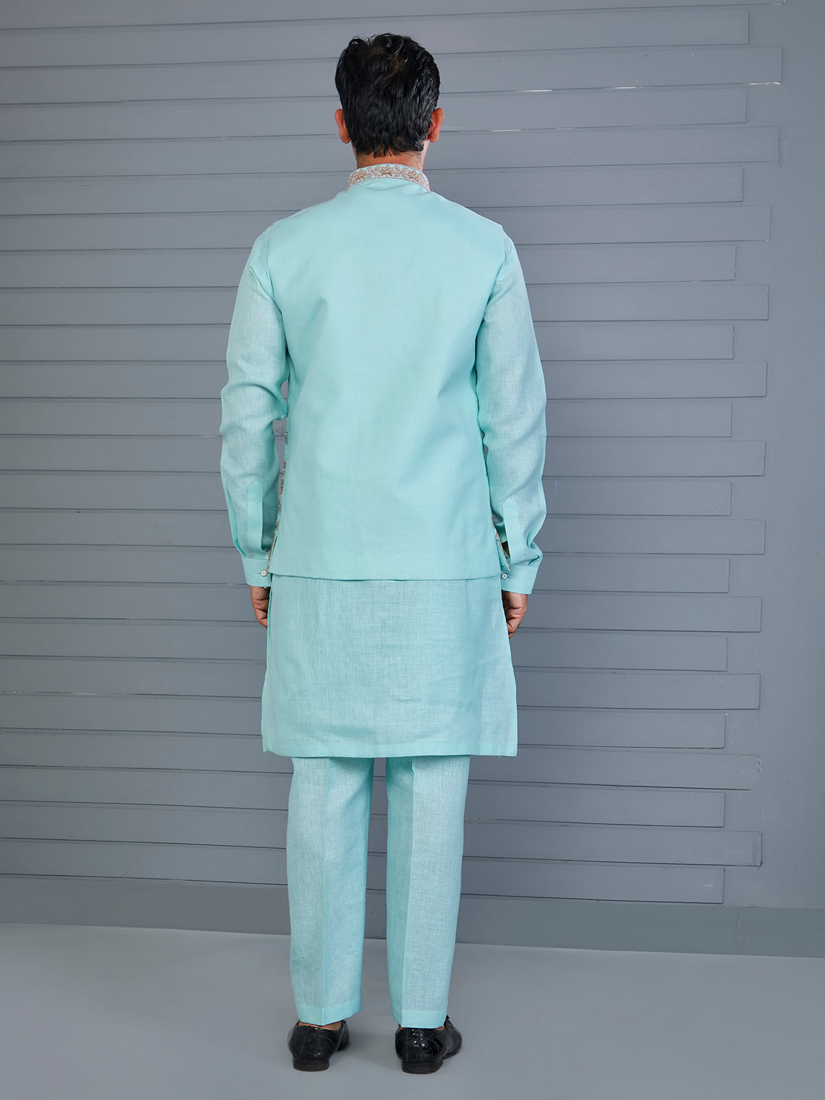 Mint blue linen embroidered work waistcoat set