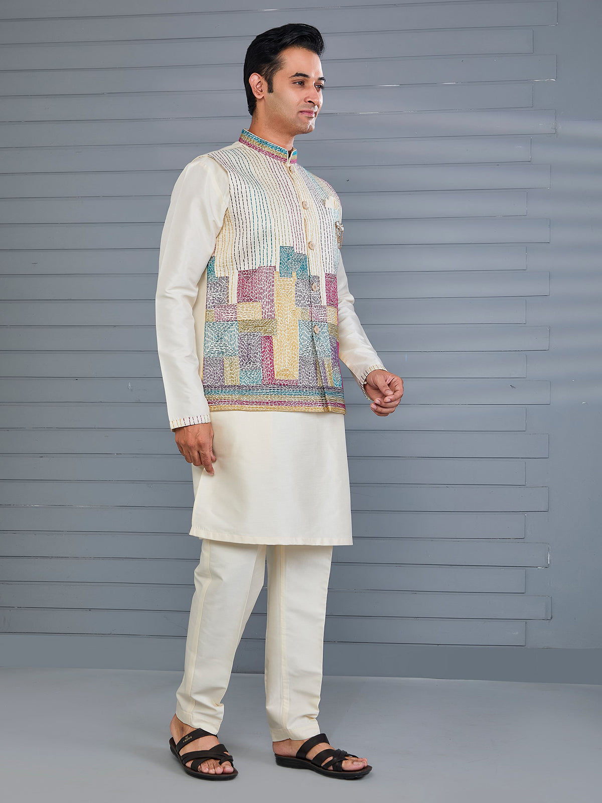 Cream silk thread work waistcoat set for wedding wear