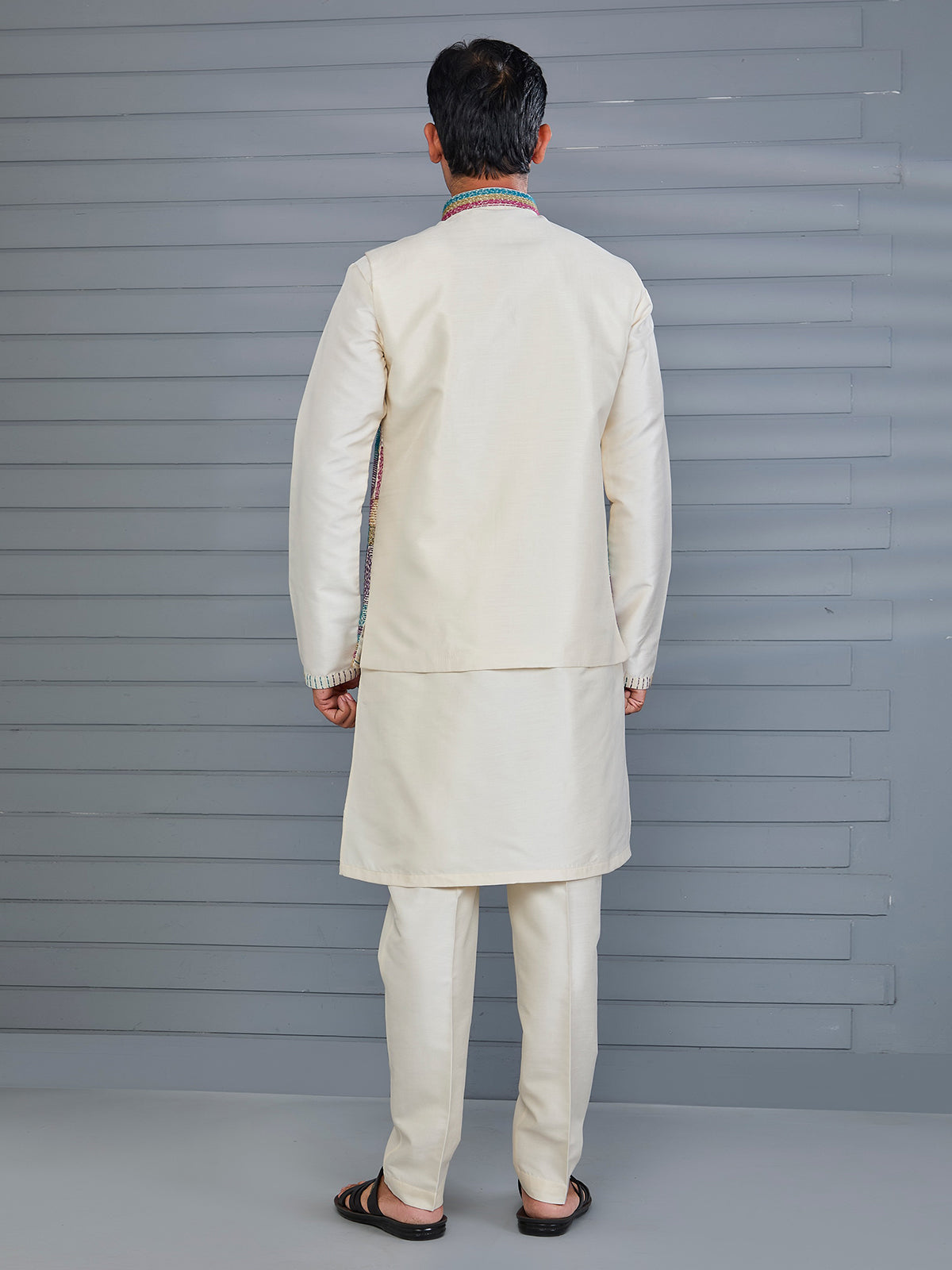 Cream silk thread work waistcoat set for wedding wear